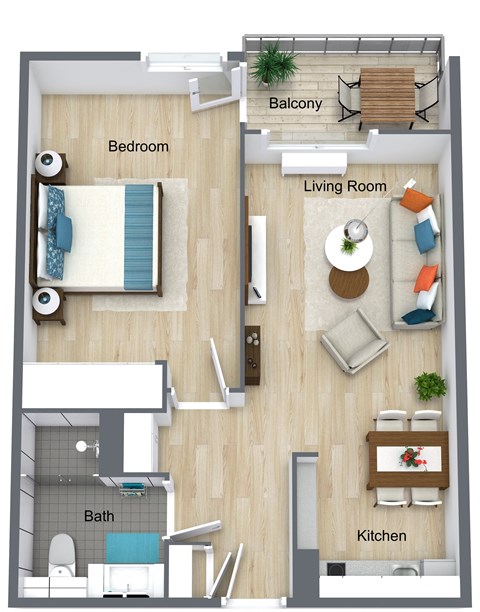 Floor plan for 1 bed, 1 bath, 612 sqft